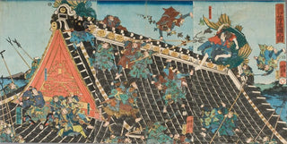 Utagawa Kunisada II - Battle on roof of Hrykaku from the Play Tale of the Eight Dogs Hakkenden.webp