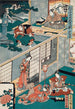 Akt II Wakasanosuke Beobachtender Honzô Wischt sein Schwert ab, nachdem er einen Kiefernzweig geschnitten hat, Konami empfängt Rikiya mit Erfrischung - Utagawa Kunisada Toyokuni III — Ansicht des Kunstwerks