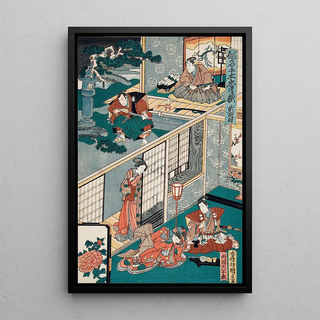 Utagawa Kunisada Toyokuni III - Act II Wakasanosuke Watching Honz Wipe His Sword after Cutting a Pine Branch Konami Receiving Rikiya with Refreshment.webp