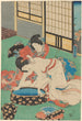 Frau, die sich über eine Badewanne beugt, die von ihrer Dienerin gebadet wird - Utagawa Kunisada Toyokuni III — Ansicht des Kunstwerks