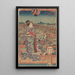 Frau und Kind im violetten Kimono, das über Booten und einer Brücke schwebt - Utagawa Kunisada Toyokuni III — gerahmtes Bild an der Wand