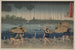 Personen, die bei einem Sturm am Ufer unter Regenschirmen entlanggehen - Utagawa Kuniyoshi — Ansicht des Kunstwerks