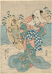 Schneeszene mit weiblicher Figur in fließendem blauer, grüner und rosa Kleid - Utagawa Kuniyoshi — Ansicht des Kunstwerks