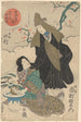 Schneeszene im Dezember Mädchen und Frau mit olivgrüner Kapuze und Fächer - Utagawa Kuniyoshi — Ansicht des Kunstwerks