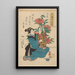 Frau im blauen Kimono, die ein Kind hält und Pfingstrosen betrachtet - Utagawa Kuniyoshi — gerahmtes Bild an der Wand