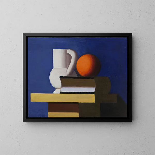 Stillleben mit weißer, orangefarbener Krug und Buch - Vilhelm Lundstrøm — gerahmtes Bild an der Wand