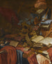 Eine Vanitas-Stillleben mit einer Flöte, einem Schädel, Partituren, einer goldenen Krone, einem Dolch, Muscheln und anderen Gegenständen, alles auf einem teilweise gedeckten Tisch arrangiert. - Vincent Laurensz van der Vinne I. — Ansicht des Kunstwerks