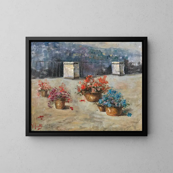 Terrasse in der Sonne mit Blumenkübeln - Vincenzo Irolli — gerahmtes Bild an der Wand