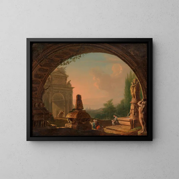 Fantastische orientalische Landschaft, gesehen durch eine Arkade - Vinzenz Fischer — gerahmtes Bild an der Wand
