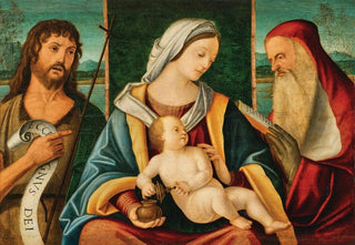 Vittore Carpaccio and Benedetto Carpaccio - The Madonna and Child with Saint John the Baptist and Saint Jerome.webp