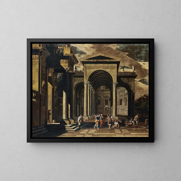 Ein Laune der Außenansicht eines kunstvoll gestalteten Palastes mit Petrus, der die Lahmen heilt - Viviano Codazzi — gerahmtes Bild an der Wand