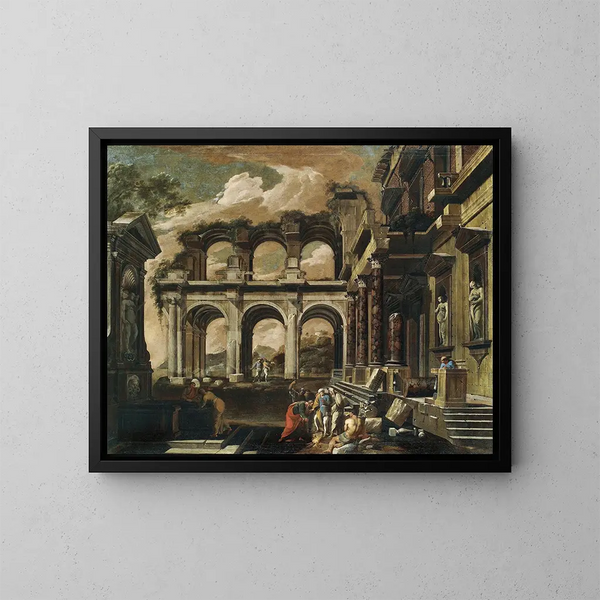 Ein Laune des Innenhofs eines verfallenen Palastes mit dem Wunder des heiligen Paulus - Viviano Codazzi — gerahmtes Bild an der Wand