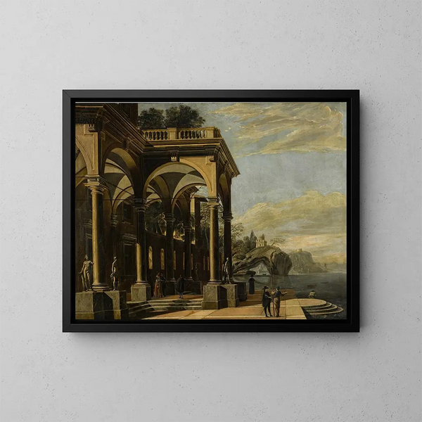 Ein architektonischer Laune mit Figuren unter einem Säulenportikus, eine Burg auf einer Meeresbogen und ein Küstendorf im Hintergrund - Viviano Codazzi — gerahmtes Bild an der Wand