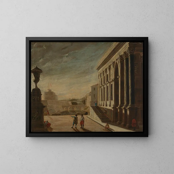Fantasie-Römisches mit Blick auf das Schloss Saint-Ange - Viviano Codazzi — gerahmtes Bild an der Wand