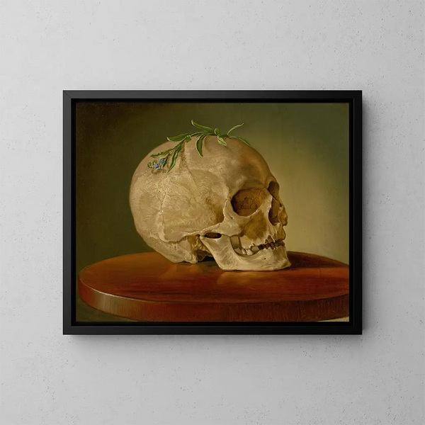Naturstillleben mit Schädel und Vergissmeinnicht - Vojtech Klimkovič — gerahmtes Bild an der Wand