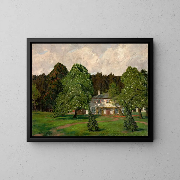 Haus hinter blühenden Kastanienbäumen - Walter Leistikow — gerahmtes Bild an der Wand