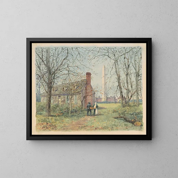 Das Cottage von David Burns und das Washington-Denkmal - Walter Paris — gerahmtes Bild an der Wand