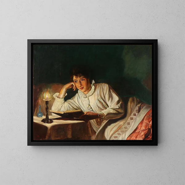 L'épouse de l'artiste lit au lit - Wenzel Tornow — gerahmtes Bild an der Wand