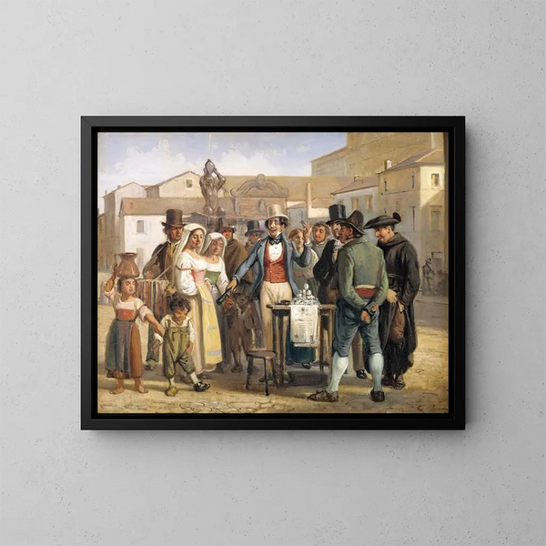 Ein Scharlatan, der auf der Piazza Barberini in Rom Schuhcreme verkauft - Wilhelm Marstrand — gerahmtes Bild an der Wand