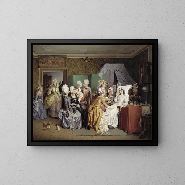 Szene aus dem Schlafzimmer der Geburt von Ludwig Holberg - Wilhelm Marstrand — gerahmtes Bild an der Wand