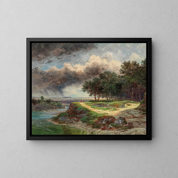 Ein weites Flusslandschaft an einem Regentag - Wilhelm Steinfeld — gerahmtes Bild an der Wand