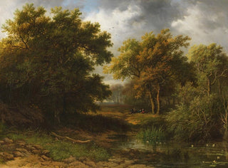 Willem Bodeman - Waldlandschaft mit Weiher und Rastenden.webp