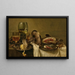 Eine teilweise bedeckte Tafel mit einer umgestürzten Tazza, einem Römer und einem Bierglas mit einer teilweise geschälten Zitrone sowie Schinken auf Zinnplatten - Willem Claesz Heda — gerahmtes Bild an der Wand
