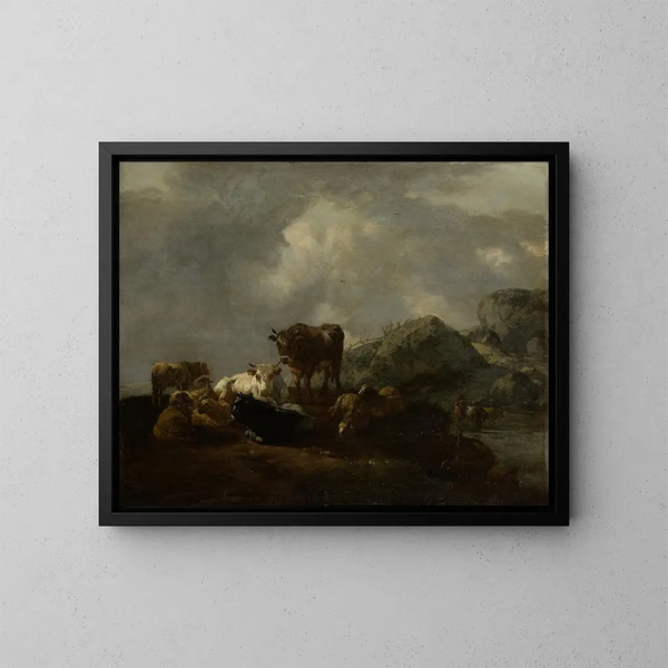 Bétail se reposant à un gué - Willem Romeyn — gerahmtes Bild an der Wand