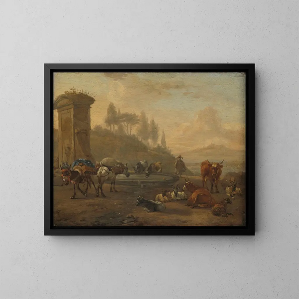 Vieh in der Nähe eines Brunnens - Willem Romeyn — gerahmtes Bild an der Wand