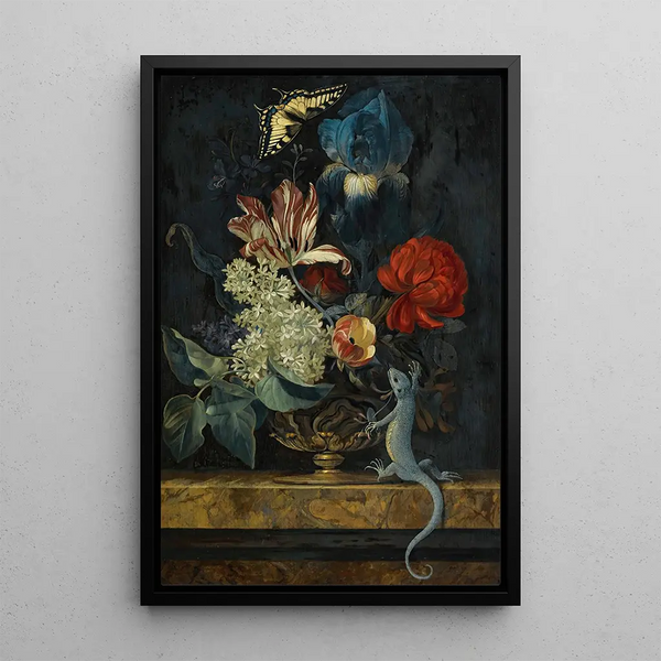 Willem van Aelst - A Still Life With Tulips And Other Flowers In A Vase On A Marble Ledge With A Lizard And A Butterfly.webp