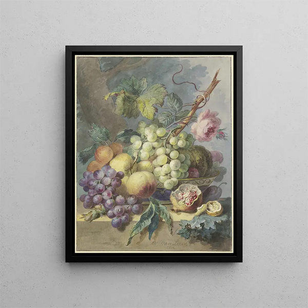 Willem van Leen - Fruchtstck mit Trauben Pfirsichen usw dabei eine Rose.webp