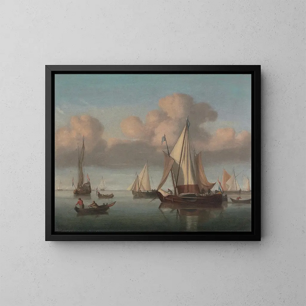 Ein Kaag beim Ankern mit gehissten Segeln, einem Staatsyacht und anderen Schiffen - Willem van de Velde der Jüngere — gerahmtes Bild an der Wand
