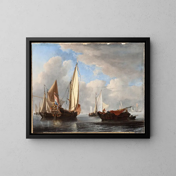 Ein Yacht und andere Schiffe in ruhiger See - Willem van de Velde der Jüngere — gerahmtes Bild an der Wand