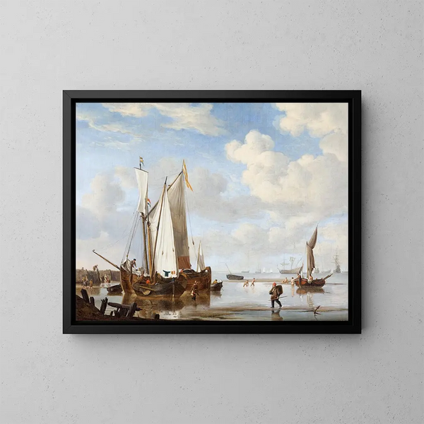 eines Wijdschip und eines Kaag in einer Bucht in der Nähe einer Meermauer - Willem van de Velde der Jüngere — gerahmtes Bild an der Wand