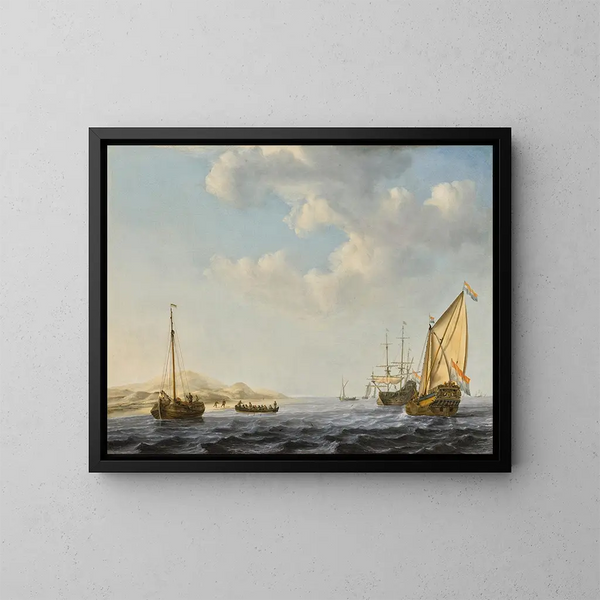 Ein Yacht der Staaten von Amsterdam bei Anker vor der Küste mit anderen Booten in unruhigen Gewässern - Willem van de Velde der Jüngere — gerahmtes Bild an der Wand