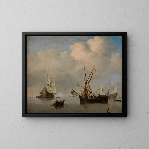 Ruhiges Meer mit zwei kleinen niederländischen Kähnen, die nebeneinander vor Anker liegen - Willem van de Velde der Jüngere — gerahmtes Bild an der Wand