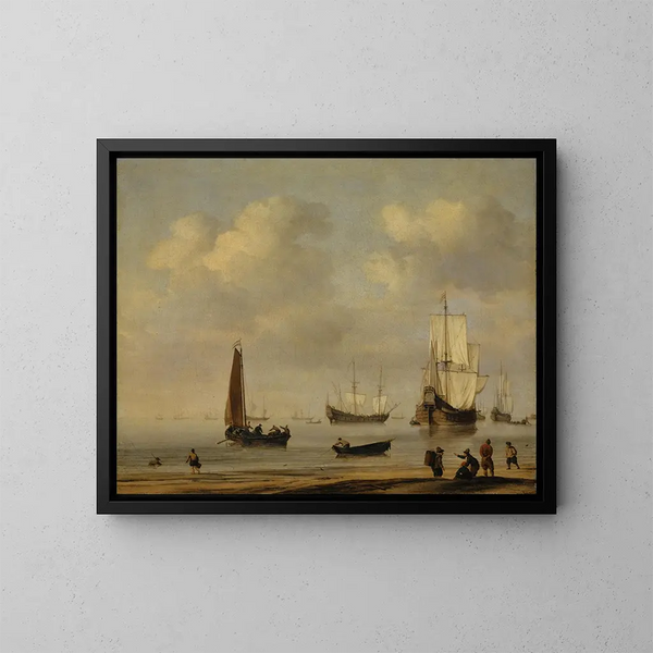 Drei-Mast und Fischerboote in ruhiger See - Willem van de Velde der Jüngere — gerahmtes Bild an der Wand