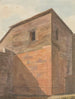 Ecke eines Steingebäudes und eines Holzgebäudes mit Inschrift an der Wand - Willey Reveley — Ansicht des Kunstwerks