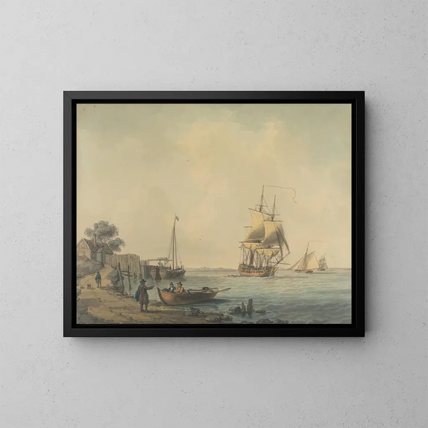 Ein Boot mit zwei Decks, das im Mündungsgebiet fährt, mit Figuren am Strand im Vordergrund - William Anderson — gerahmtes Bild an der Wand