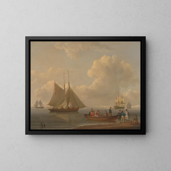Ein Boot, das Passagiere zu zwei vor Anker liegenden Kreuzfahrtschiffen bringt - William Anderson — gerahmtes Bild an der Wand