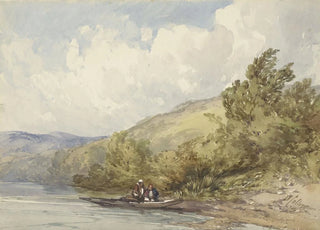 William Callow - Heuvellandschap met een meer en een boot met twee figuren.webp