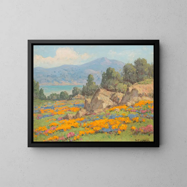 Küstenansicht mit Mohnblumen und Lupinen - William Franklin Jackson — gerahmtes Bild an der Wand