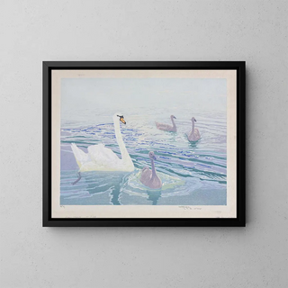 Cygnes et cygnets - William Giles — gerahmtes Bild an der Wand