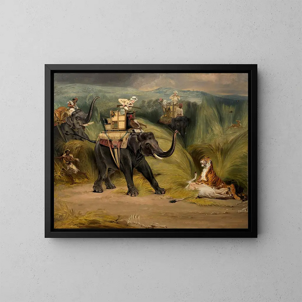 Zufälliges Treffen mit einem Tiger bei einer Elefantenjagd in Indien - William Henry Florio Hutchinsson — gerahmtes Bild an der Wand