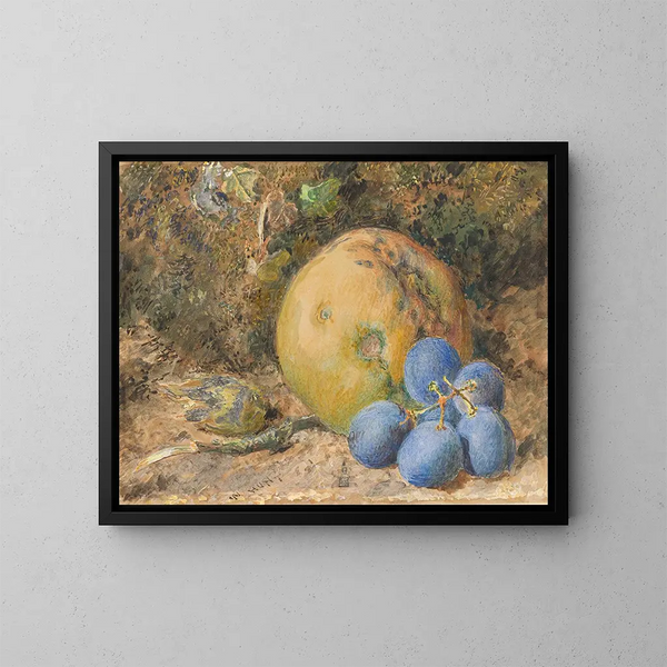 Eine Apfel, Trauben und eine Haselnuss auf einer Moosbank - William Henry Hunt — gerahmtes Bild an der Wand