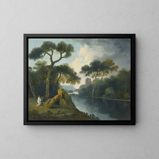 William Hodges - A River Landscape With Monks Conversing By A Pair Of Megaliths With Ruins Beyond.webp