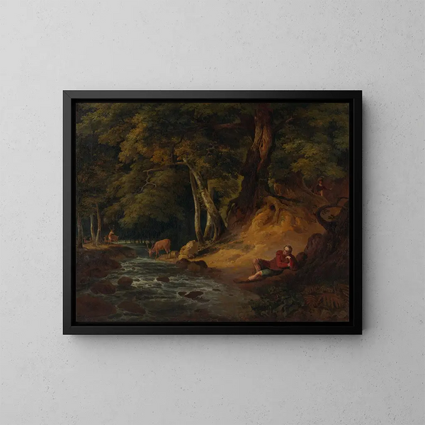 Jacques und der verletzte Hirsch, Wie es euch gefällt, Akt II, Szene I - William Hodges — gerahmtes Bild an der Wand