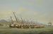 Die Schiffe der Sloop HMS Procris mit 10 Kanonen, die französische Kanonenboote vor der Mündung des Indramayo Java angreifen - William John Huggins — Ansicht des Kunstwerks