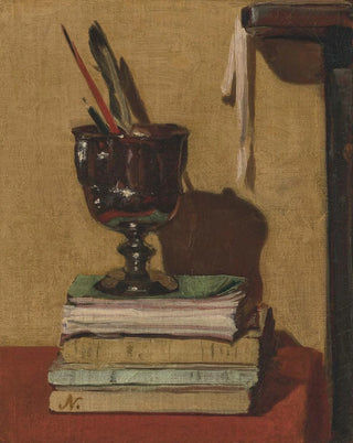 William Nicholson - Vase and Books on a Red Table.webp