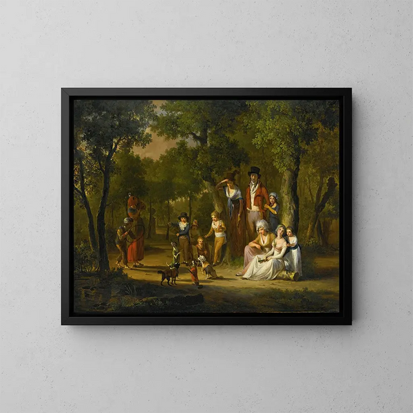 Porträt einer Familie in einer bewaldeten Landschaft mit Zigeunern und tanzenden Hunden - William Redmore Bigg — gerahmtes Bild an der Wand